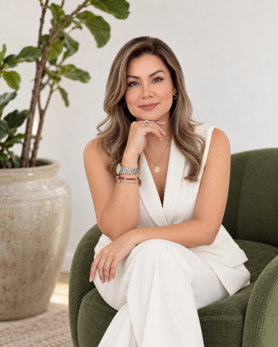 Johana con conjunto blanco sentada en un sillón verde, en actitud serena