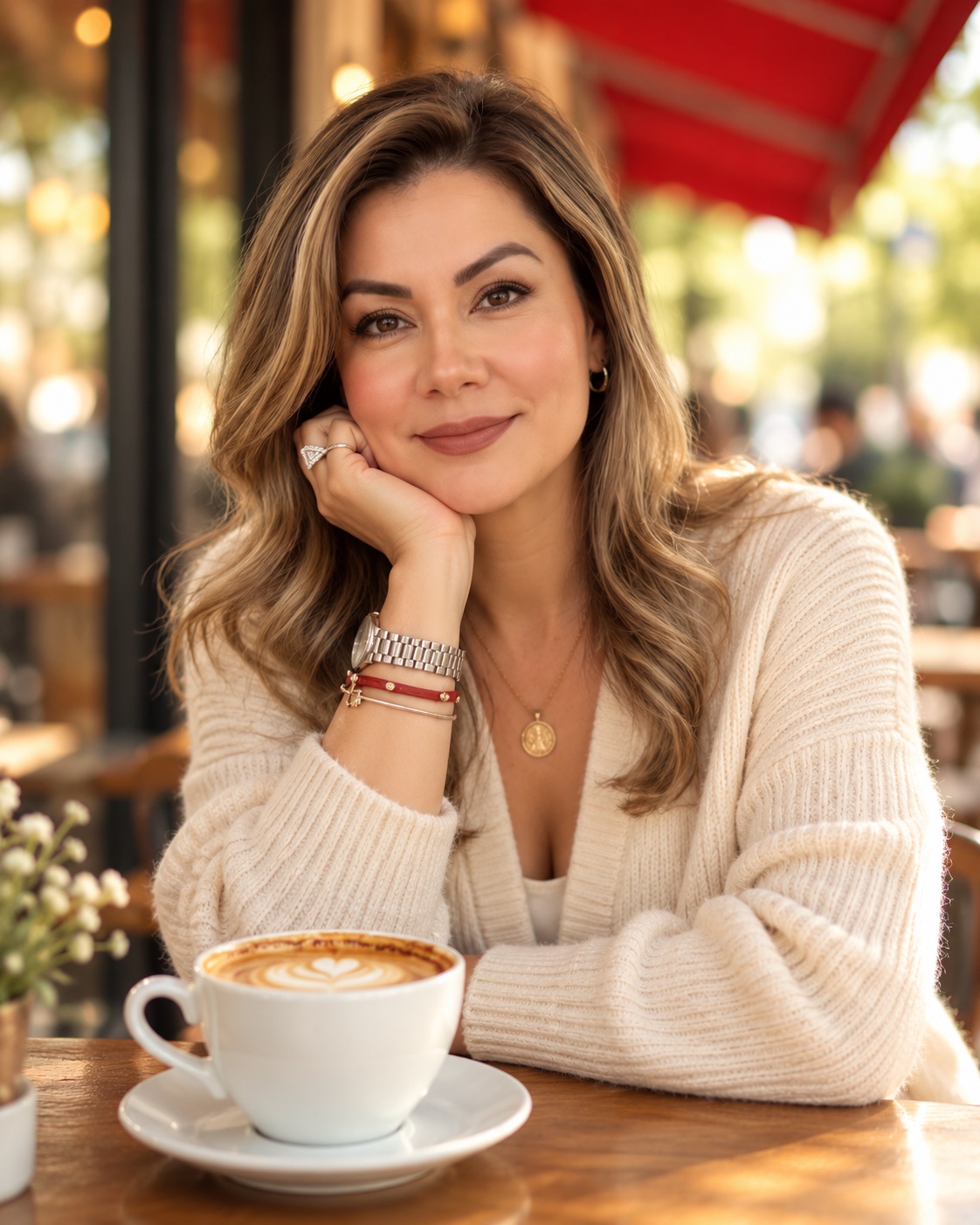 Johana en una cafetería con una taza de café, sonriendo con calma